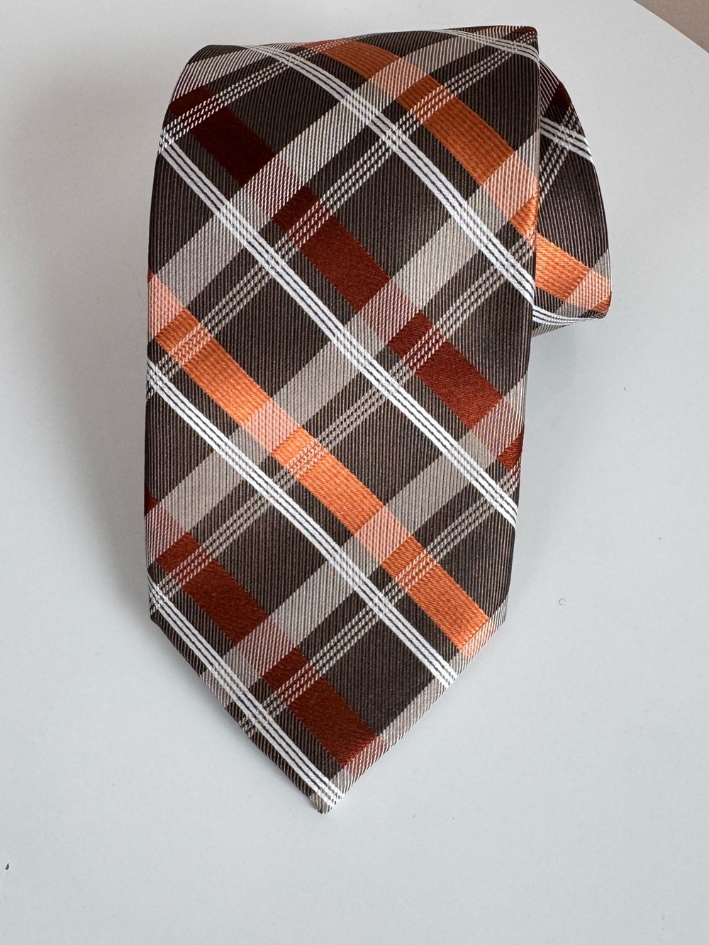 Pronto-Uomo Couture Hand Made 100% Silk Orange, Brown, & White Plaid Fall Tie